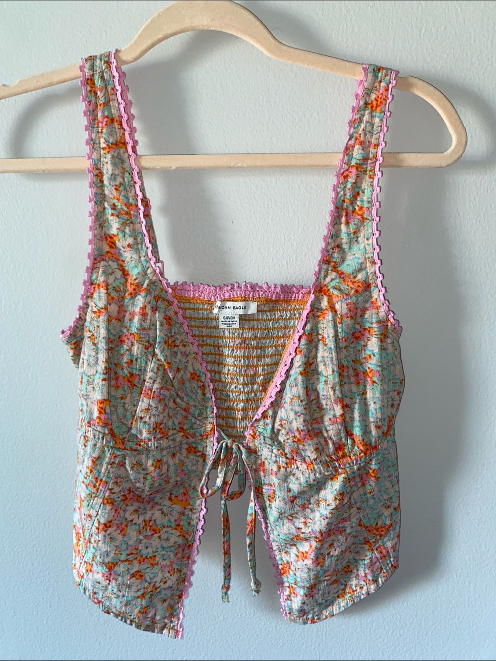 American Eagle Outfitters Floral Tie-Front Camisole in Aqua, Orange & Pink